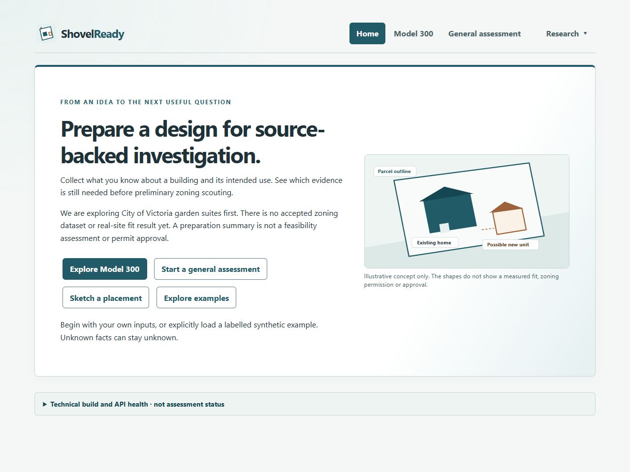 ShovelReady homepage with Model 300 and general assessment entry points beside an illustrative parcel layout